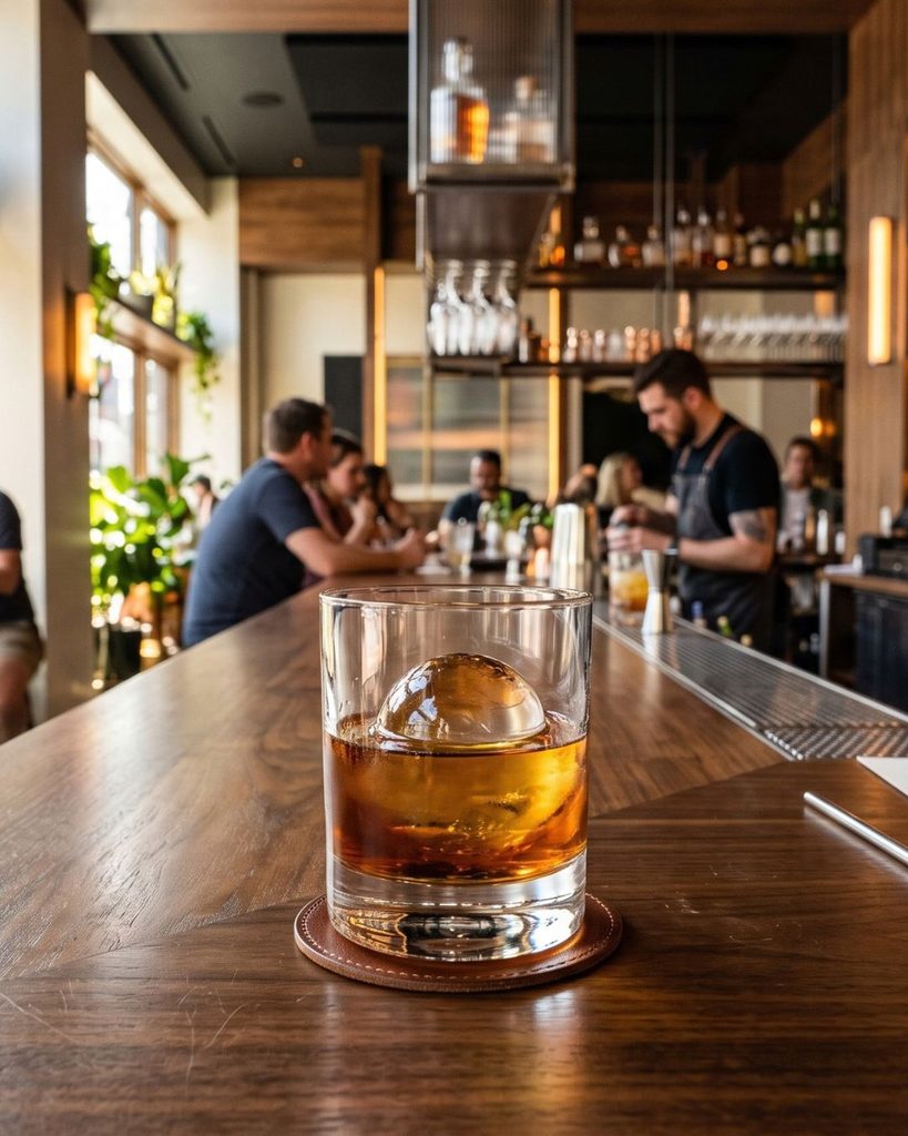 A glass of whiskey with a large ice sphere sits on a wooden bar, with people and a bartender in the background.