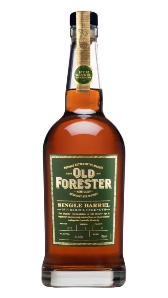 A bottle of Old Forester Kentucky Straight Rye Whiskey, Single Barrel, with a green label and gold text.