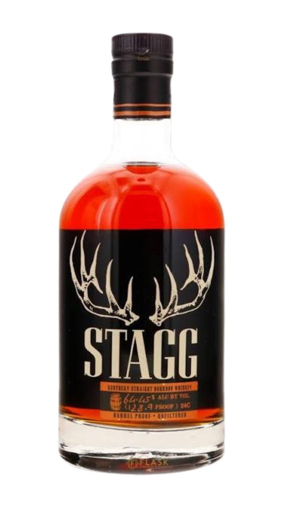 A bottle of Stagg Kentucky Straight Bourbon Whiskey with a black label featuring antlers and bold white text.