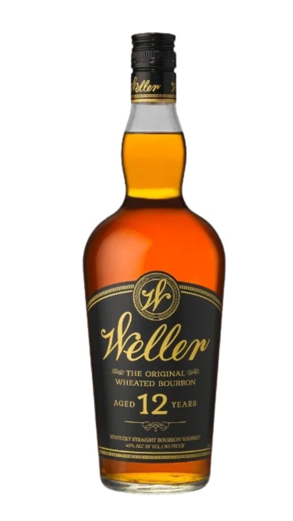 A bottle of Weller 12 Year Kentucky Straight Bourbon Whiskey with a black and gold label, filled with amber liquid, on a white background.