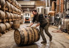 A man rolls a large wooden barrel in a distillery warehouse filled with stacked barrels and metal brewing equipment.