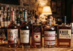 Five bottles of bourbon whiskey on a wooden bar counter, with a glass of whiskey and blurred background of more bottles and warm lighting.
