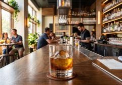 A glass of whiskey with a round ice cube sits on a wooden bar in a lively, modern bar with people socializing in the background.