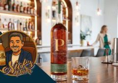 Bottle of Penelope American Light Whiskey on a bar with glass, cartoon logo of man holding whiskey, two people conversing in background.
