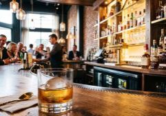 A whiskey cocktail with a large ice sphere sits on a bar counter, with people socializing and a bartender working in a modern, warmly lit bar.