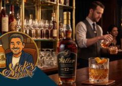 A bartender pours whiskey at a bar, with a Weller 12 Year bottle and whiskey glass in focus; cartoon logo "Nick's Picks" is also shown.
